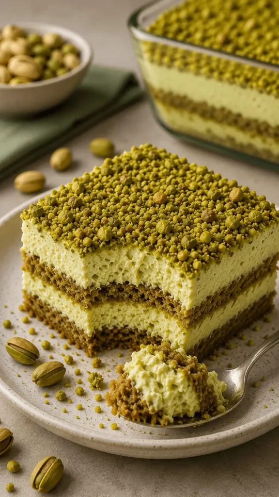 Pistachio tiramisu slice with creamy layers, soft biscuits, crushed pistachios, and a spoonful taken from the front.
