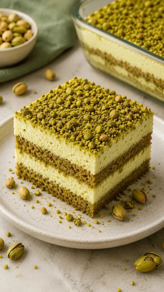 Pistachio tiramisu slice with creamy layers, soft biscuits, and a generous topping of crushed pistachios.