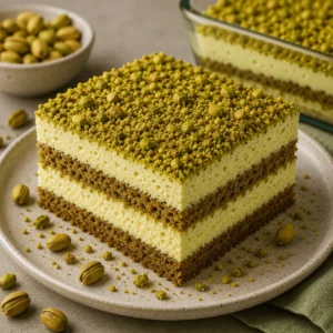 Square pistachio tiramisu with creamy layers, soft biscuit layers, and a generous topping of crushed pistachios.