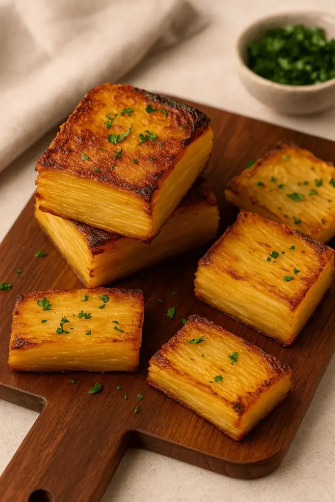 Crispy golden potato pave slices stacked on a wooden board with parsley garnish