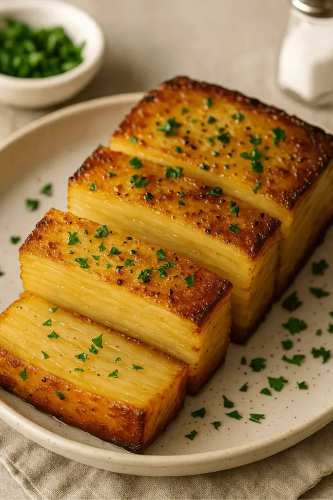 Close-up of sliced potato pave showing golden crisp edges and layered interior, garnished with parsley