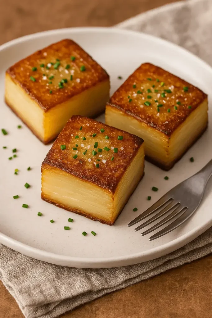 Three square pieces of golden potato pave garnished with chives on a white plate