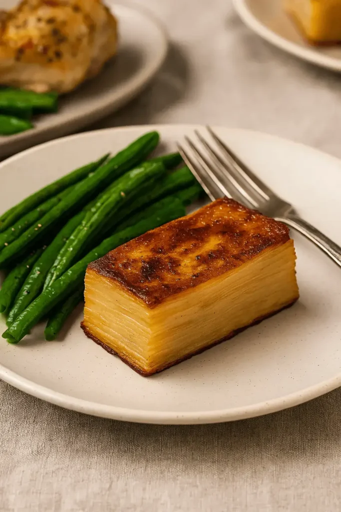 Golden slice of potato pave served with green beans on a white plate