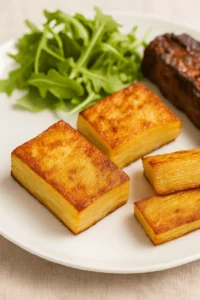 Golden slices of potato pave served with arugula and grilled meat on a white plate