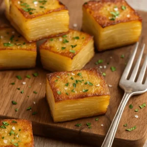 Golden potato pave squares garnished with parsley and salt on a wooden board beside a fork