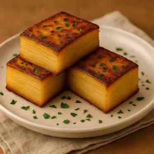 Golden-brown slices of potato pave stacked neatly on a ceramic plate and garnished with fresh parsley.