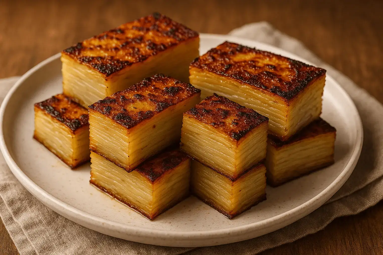 Golden-brown potato pave slices stacked on a white plate, showing crispy tops and perfectly layered interiors