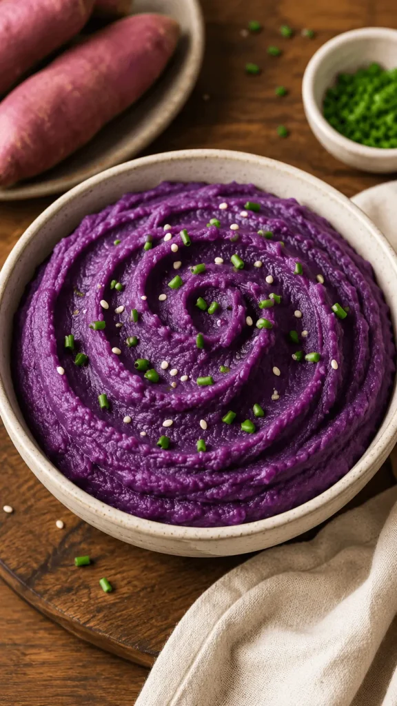 Creamy purple sweet potato mash topped with chopped chives and sesame seeds in a ceramic bowl.
