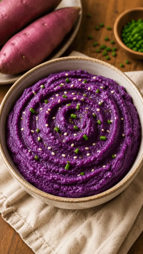 Creamy purple sweet potato mash topped with chopped chives and sesame seeds in a rustic ceramic bowl.