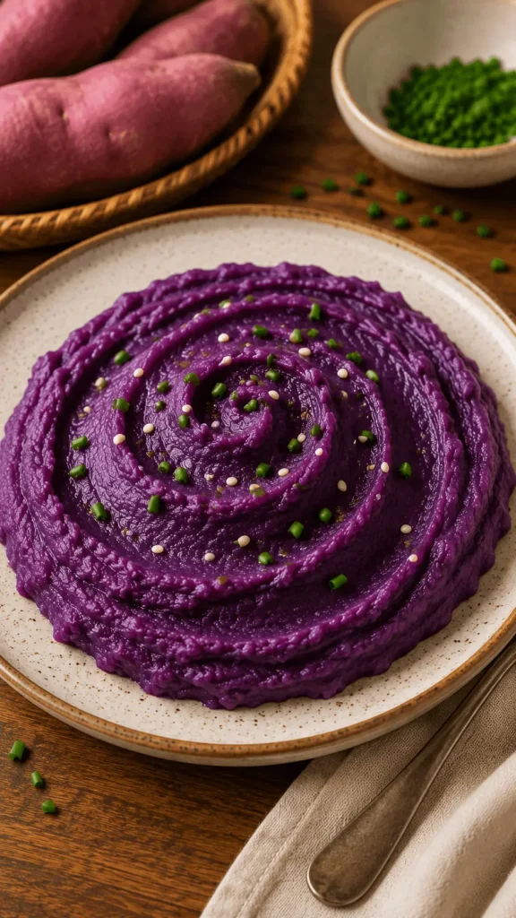 Mashed purple sweet potato topped with chopped chives and sesame seeds on a rustic ceramic plate.