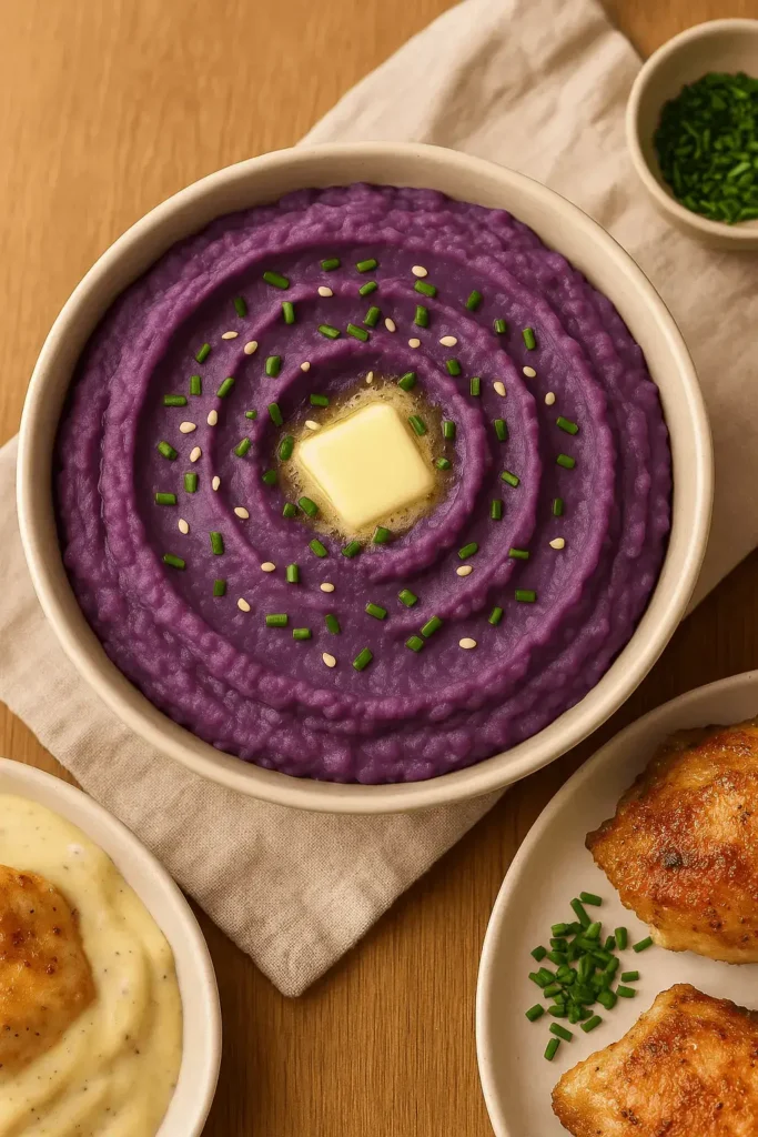 A bowl of creamy mashed purple sweet potatoes with melted butter, served as part of a hearty Purple Sweet Potato Recipe meal.