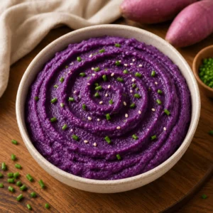 Creamy purple sweet potato mash topped with chopped chives and sesame seeds in a ceramic serving bowl.