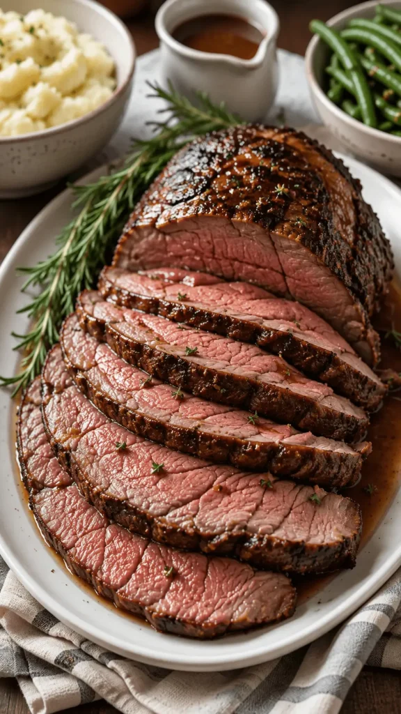 Sliced medium rare beef with a browned crust, pan jus, rosemary, mashed potatoes, and green beans in a rib eye roast recipe.