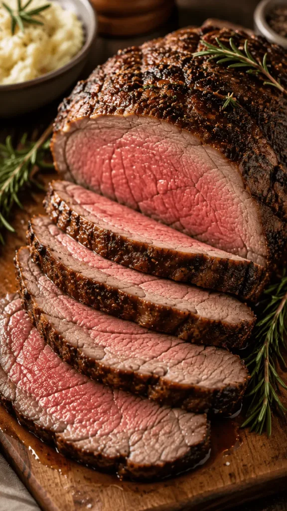 Sliced medium rare beef with a browned garlic herb crust and rosemary in a rib eye roast recipe.