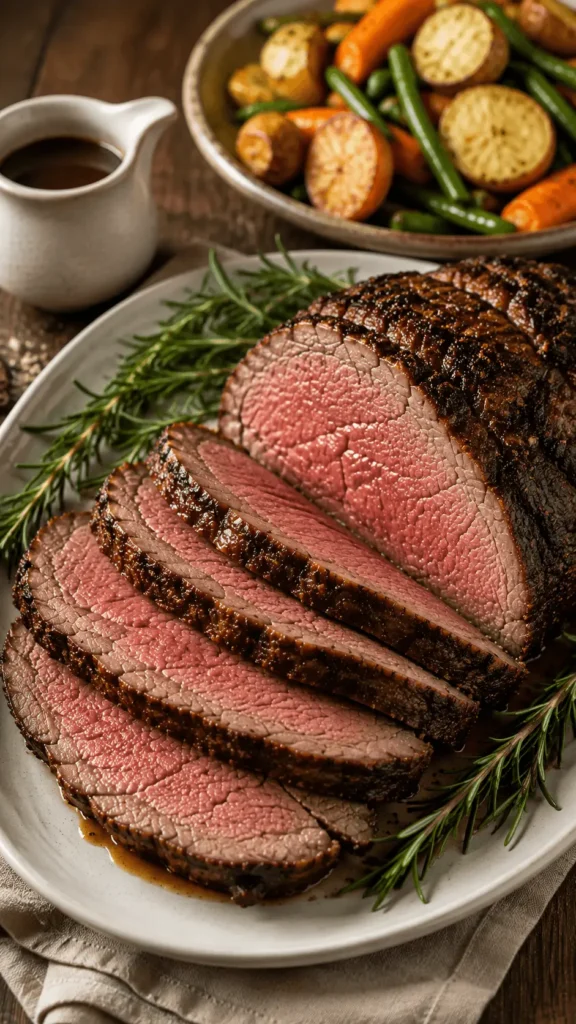 Sliced medium rare beef with rosemary, pan jus, roasted potatoes, carrots, and green beans for a rib eye roast recipe.
