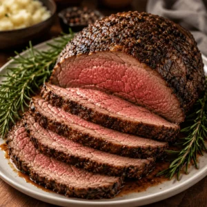 Sliced medium rare beef with a dark herb crust and rosemary on a plate for a rib eye roast recipe.