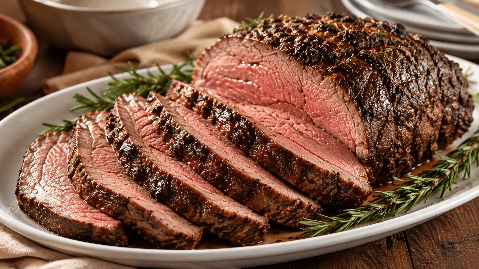 Sliced medium rare beef with a browned herb crust on a white platter, prepared as a rib eye roast recipe.