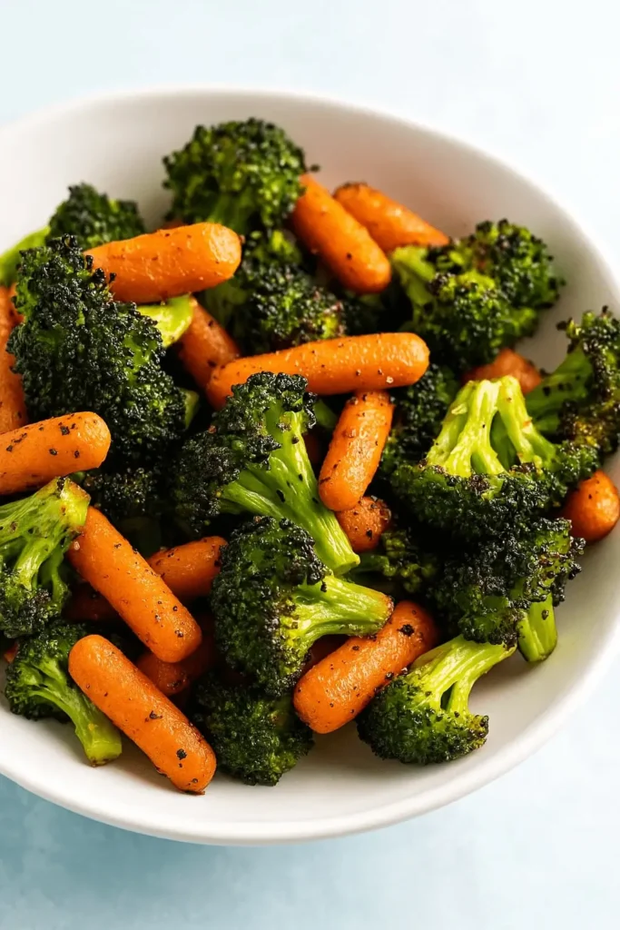 Close-up of roasted broccoli and carrots in a white bowl, seasoned with black pepper.