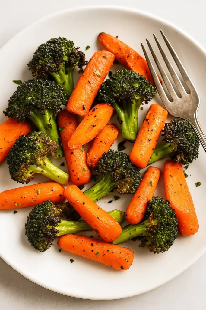 A close-up of roasted broccoli and carrots on a white plate with a fork.