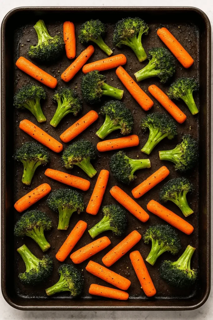 Sheet pan filled with evenly spaced roasted broccoli and carrots, fresh from the oven.