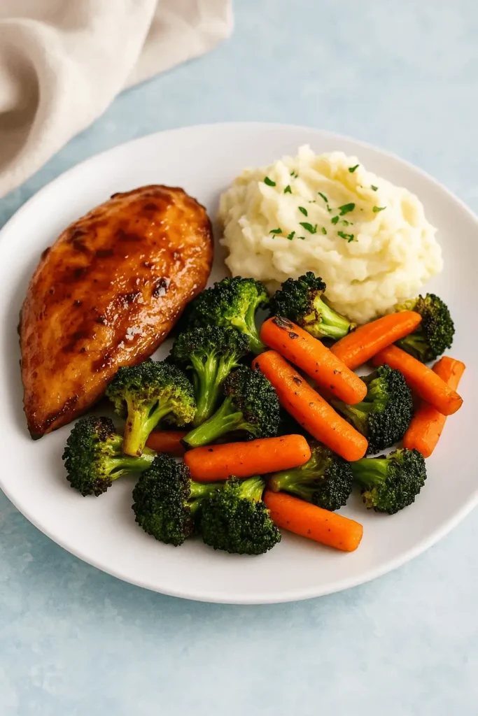 A dinner plate with roasted broccoli and carrots, mashed potatoes, and glazed chicken breast.