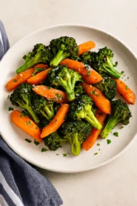 Plate of roasted broccoli and carrots sprinkled with flaky salt and fresh herbs.
