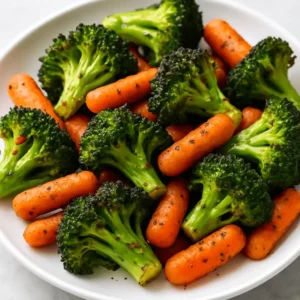 Close-up of roasted broccoli and carrots in a white bowl, seasoned and ready to serve.