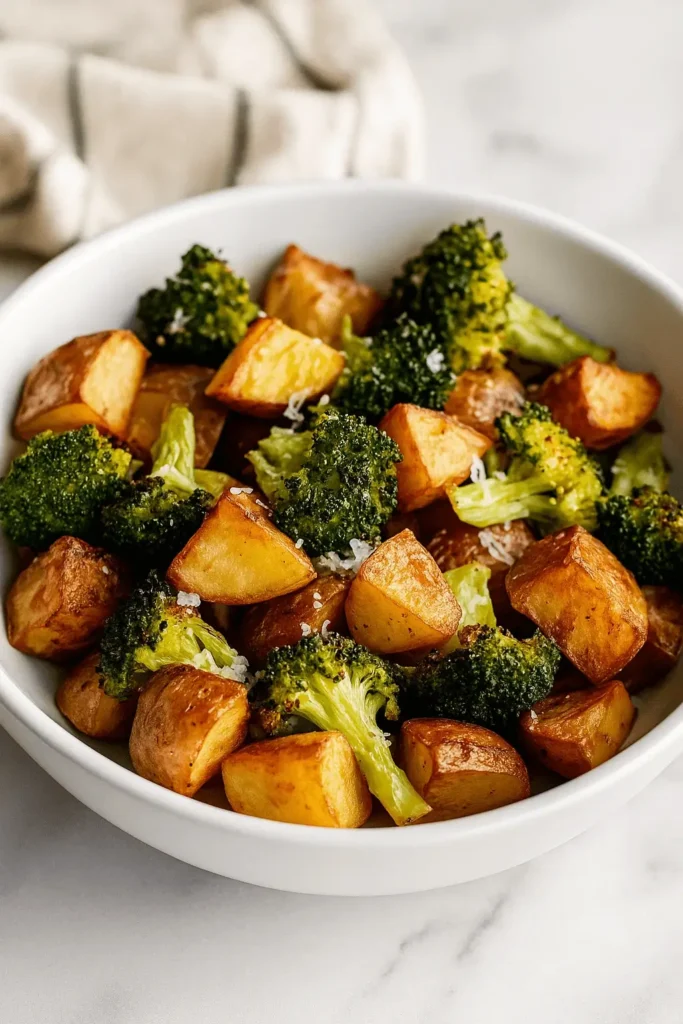 A white bowl filled with roasted potatoes and broccoli, lightly seasoned and ready to serve.