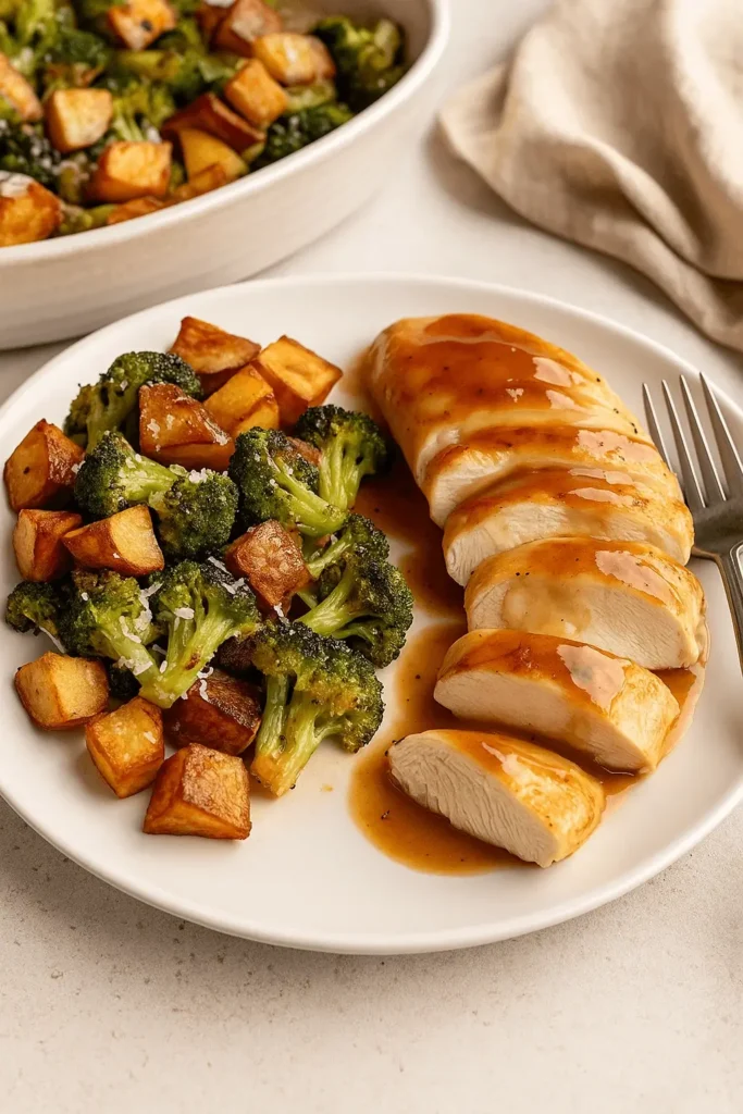Sliced chicken breast served with roasted potatoes and broccoli on a white plate.