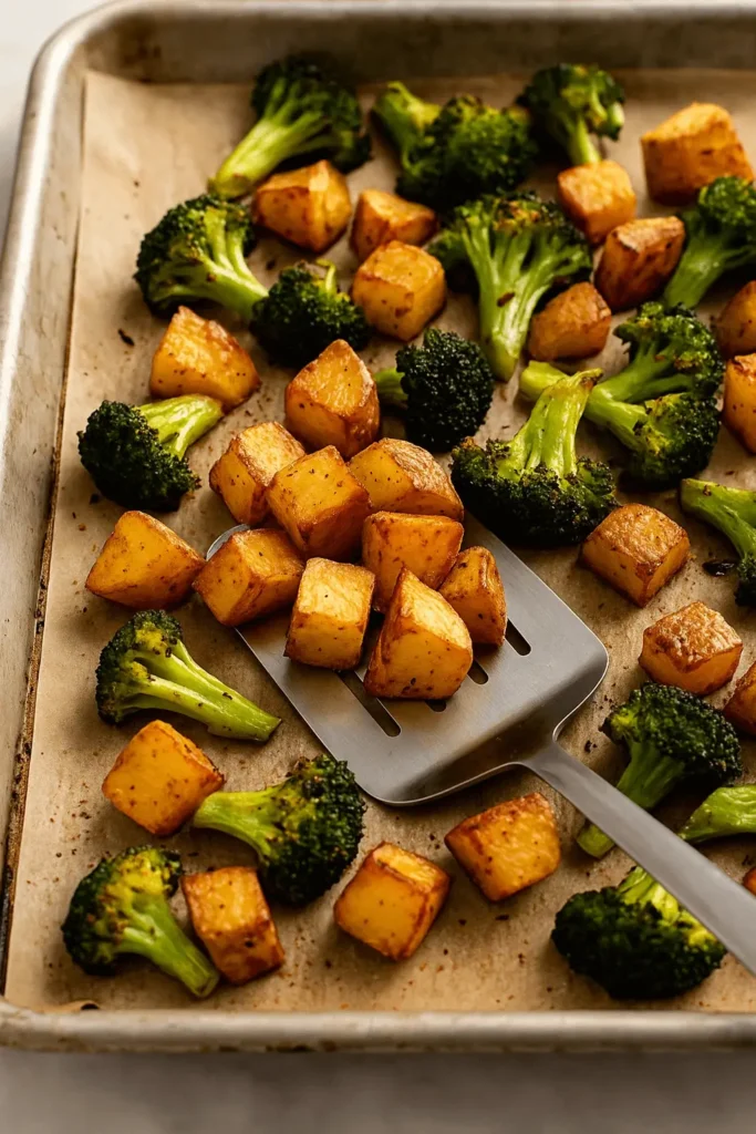 A baking sheet with roasted potatoes and broccoli, featuring golden edges and a serving spatula.