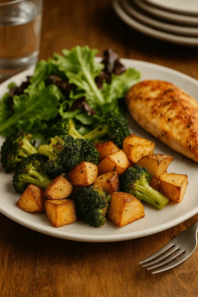 Plate with roasted potatoes and broccoli, grilled chicken breast, and fresh greens on a wooden table.