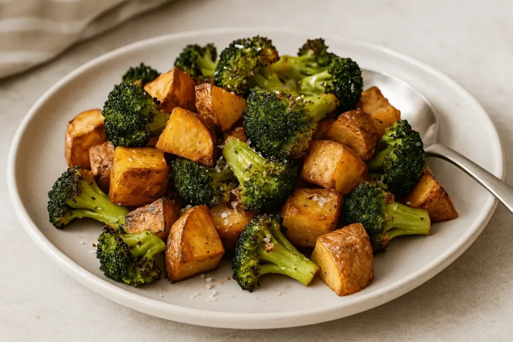 A close-up of roasted potatoes and broccoli served on a white plate with a spoon on the side.