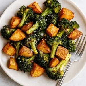 Overhead view of roasted potatoes and broccoli on a white plate with a fork.
