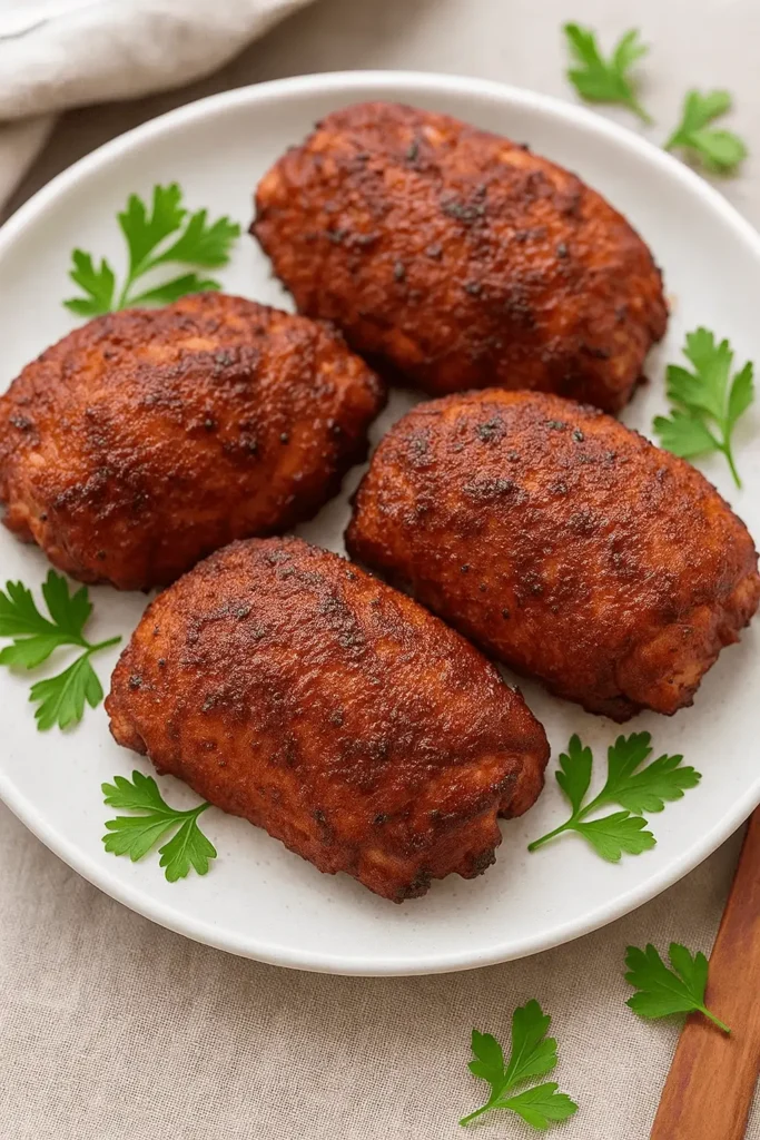 Plate of smoked boneless chicken thighs arranged with parsley garnish on a light linen surface.