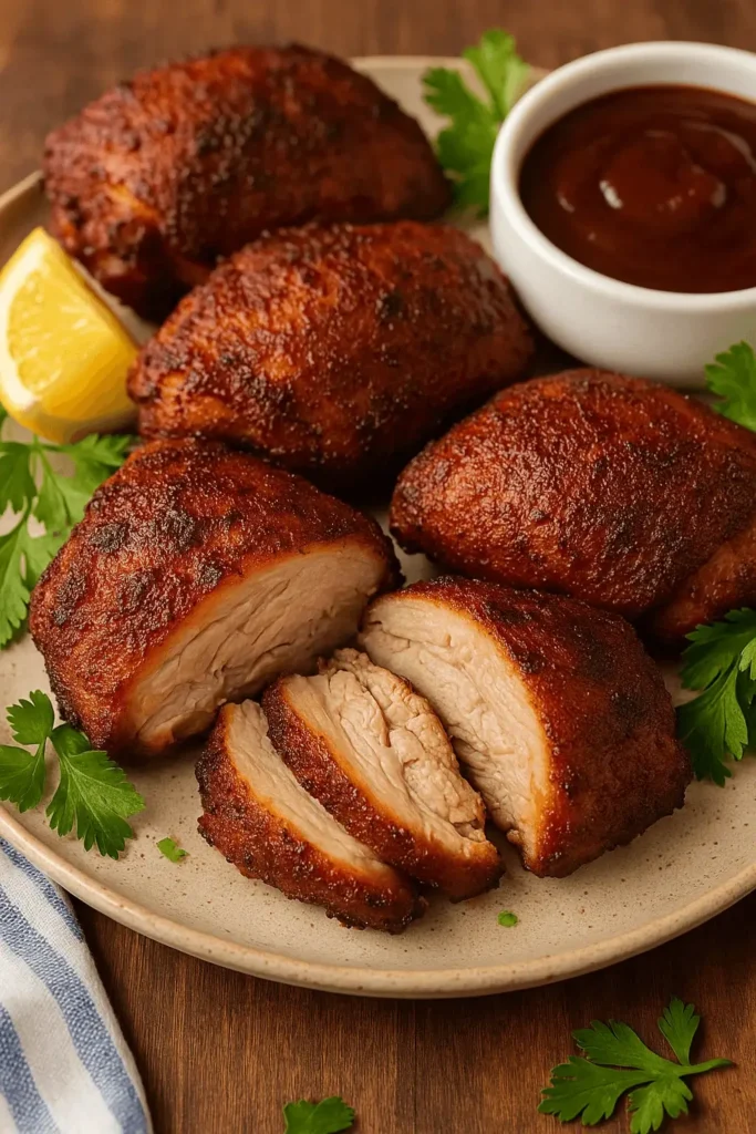 Sliced smoked boneless chicken thighs served on a plate with BBQ sauce and fresh parsley.