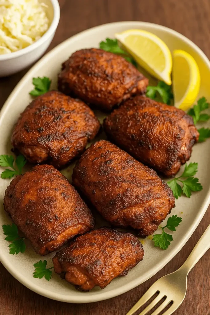 Plate of smoked boneless chicken thighs served with parsley and lemon wedges.