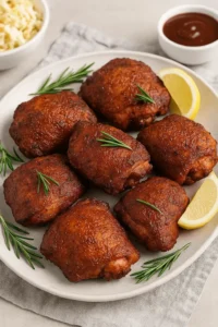 Smoked boneless chicken thighs arranged on a plate with lemon wedges, rosemary sprigs, and dipping sauce.