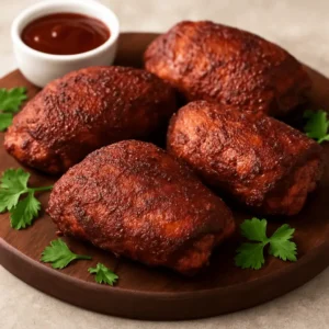 Smoked boneless chicken thighs arranged on a wooden plate with fresh parsley and dipping sauce.
