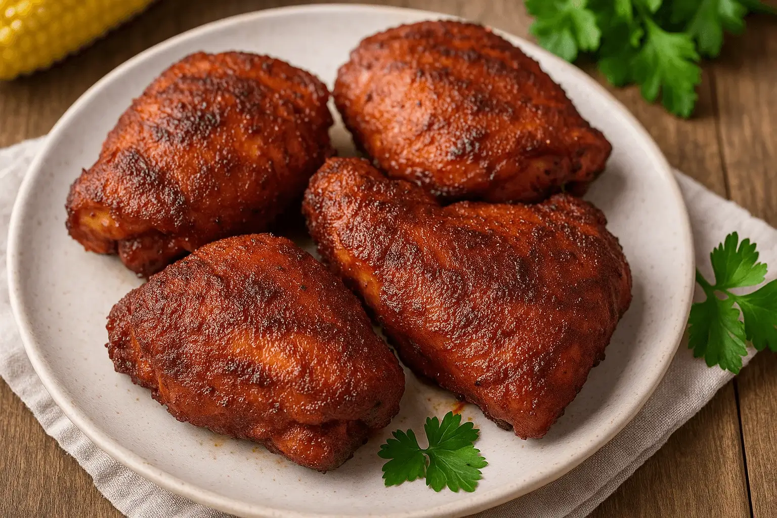 Smoked Boneless Chicken Thighs served on a white plate with a deep golden bark and garnished with fresh parsley.
