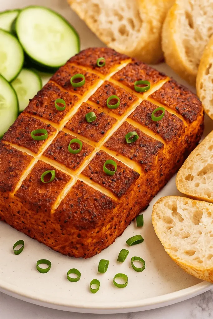 Smoked cream cheese garnished with green onions, served with sliced baguette and cucumber on a white plate.
