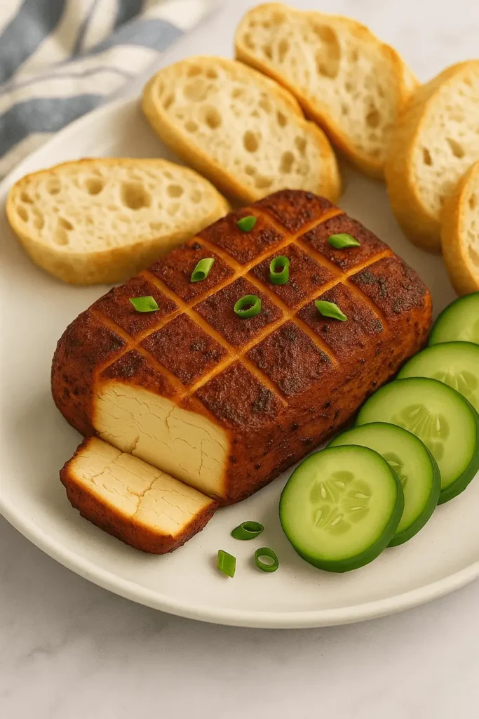 Smoked cream cheese sliced and served with fresh cucumber and crusty bread on a white plate.