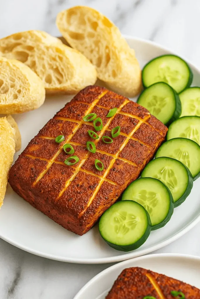 Smoked cream cheese topped with green onions, served with cucumber slices and crusty bread on a white plate.