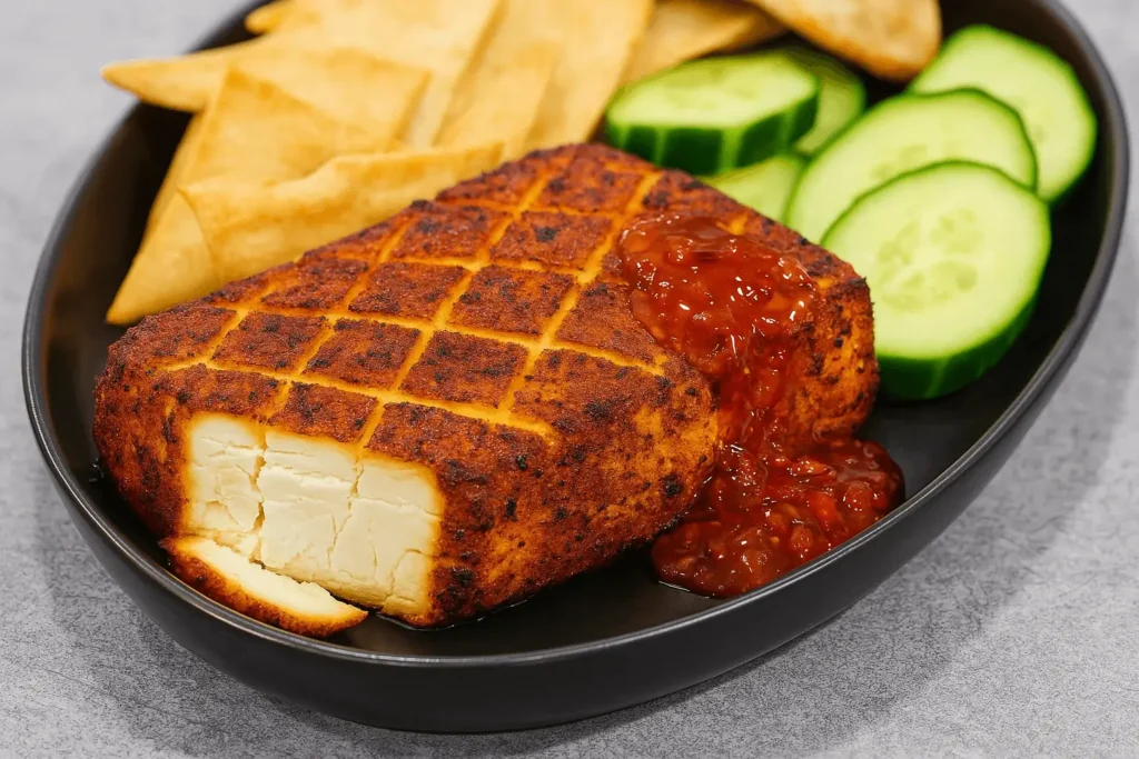 Smoked cream cheese served with pepper jelly, cucumber slices, and pita chips on a black plate.
