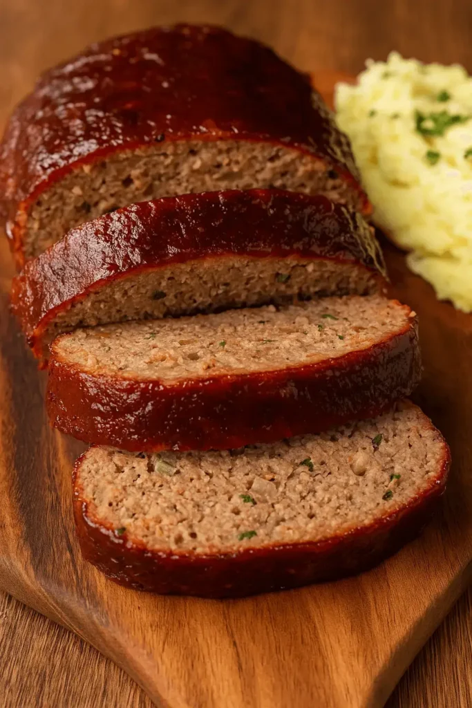 Sliced smoked meatloaf on a wooden cutting board served with mashed potatoes.