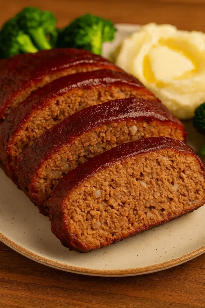 Sliced smoked meatloaf served on a plate with mashed potatoes and broccoli.