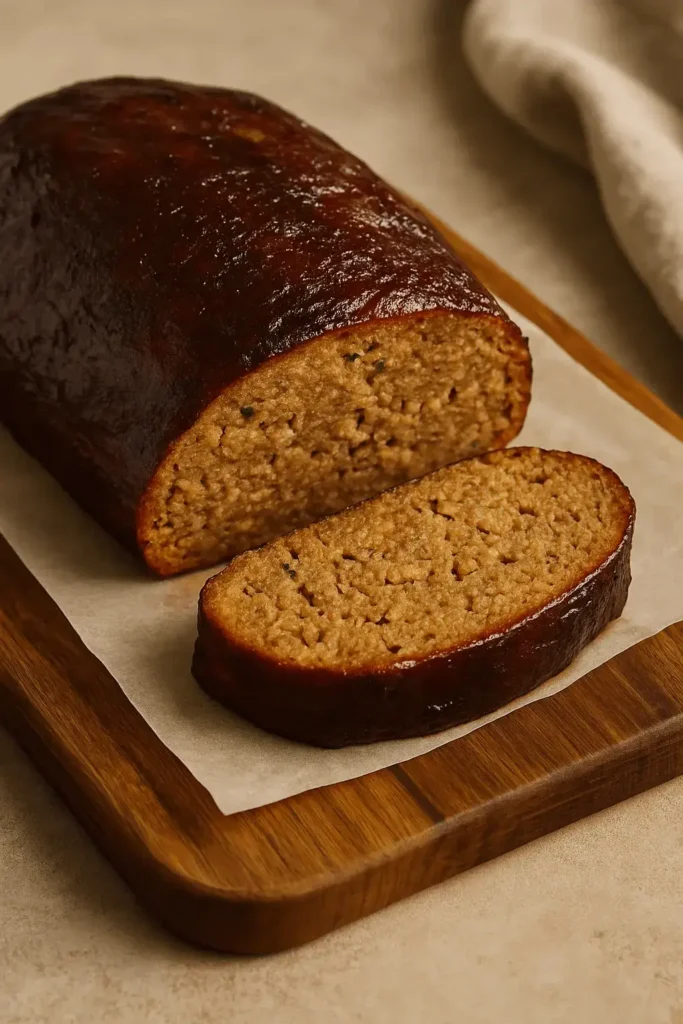 Sliced smoked meatloaf resting on parchment-lined wooden cutting board.