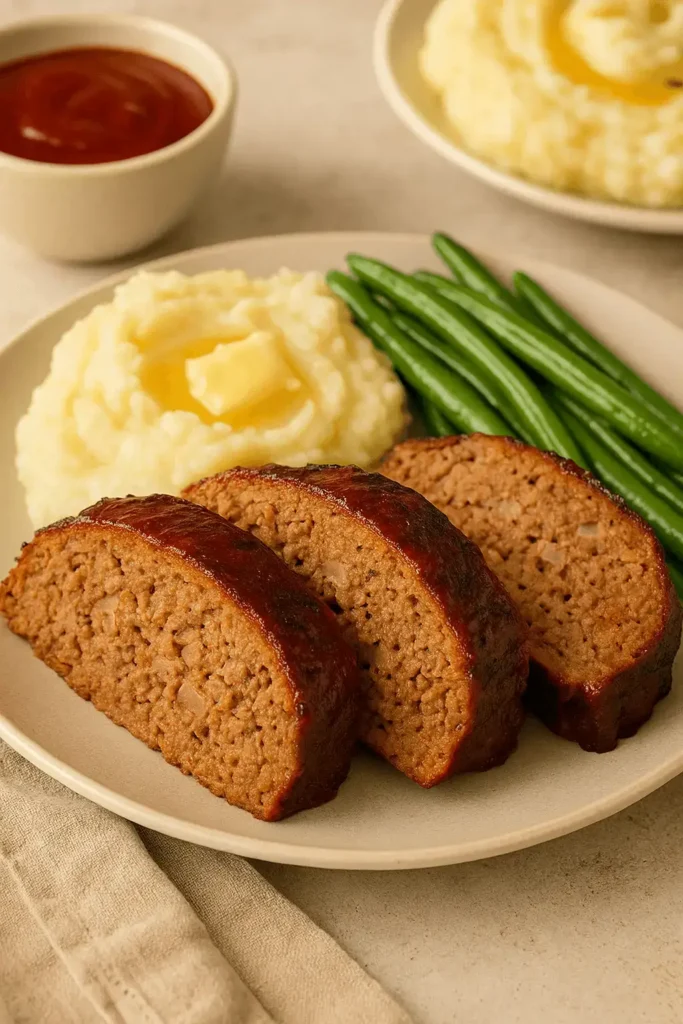 Plate of smoked meatloaf served with mashed potatoes, green beans, and barbecue sauce.