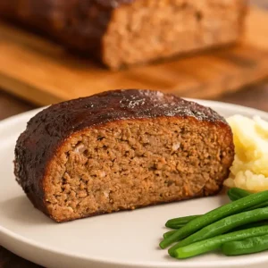 Close-up of smoked meatloaf served with mashed potatoes and green beans on a plate.
