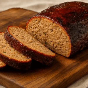 Sliced smoked meatloaf on a wooden cutting board with a dark glaze and tender texture.