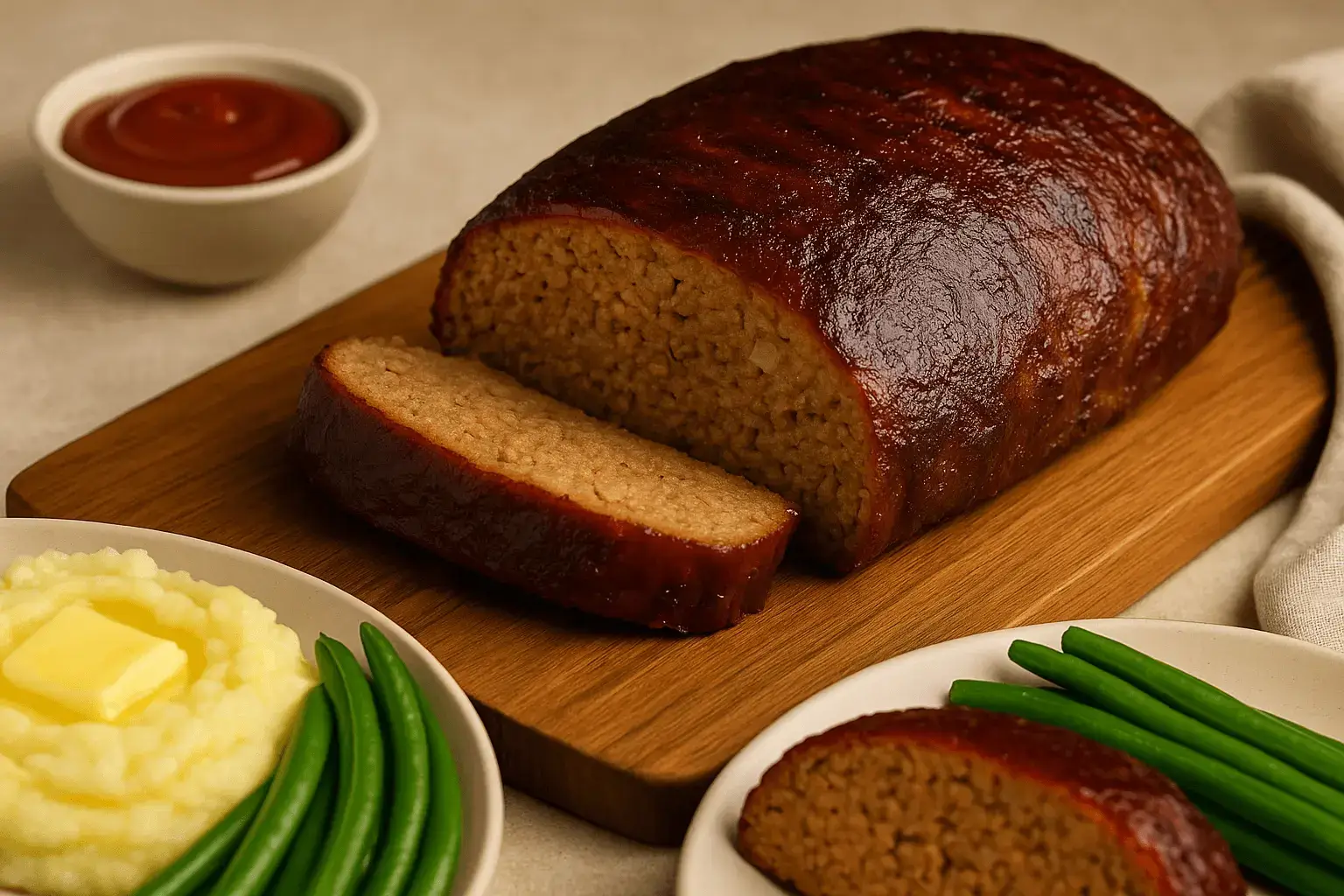 Sliced smoked meatloaf on a wooden board with mashed potatoes, green beans, and barbecue sauce.